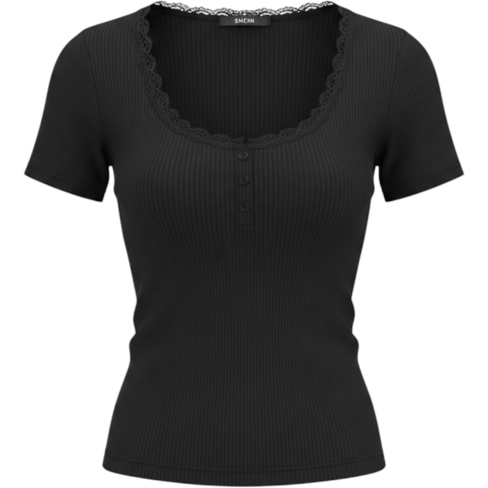 SHEIN Ribbed Lace Trim Henley Tee Womens SZ 8-10Black Excellent Short Sleeve Top